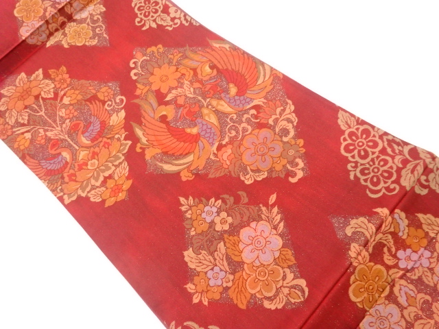 JAPANESE KIMONO / VINTAGE FUKURO OBI / WOVEN RHOMBUS & FLORAL PLANTS